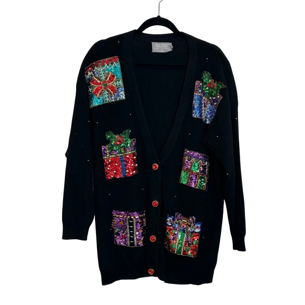 Vintage Marisa Christina Wool Blend Cardigan Sweater Size L Black‎ Holiday Gifts